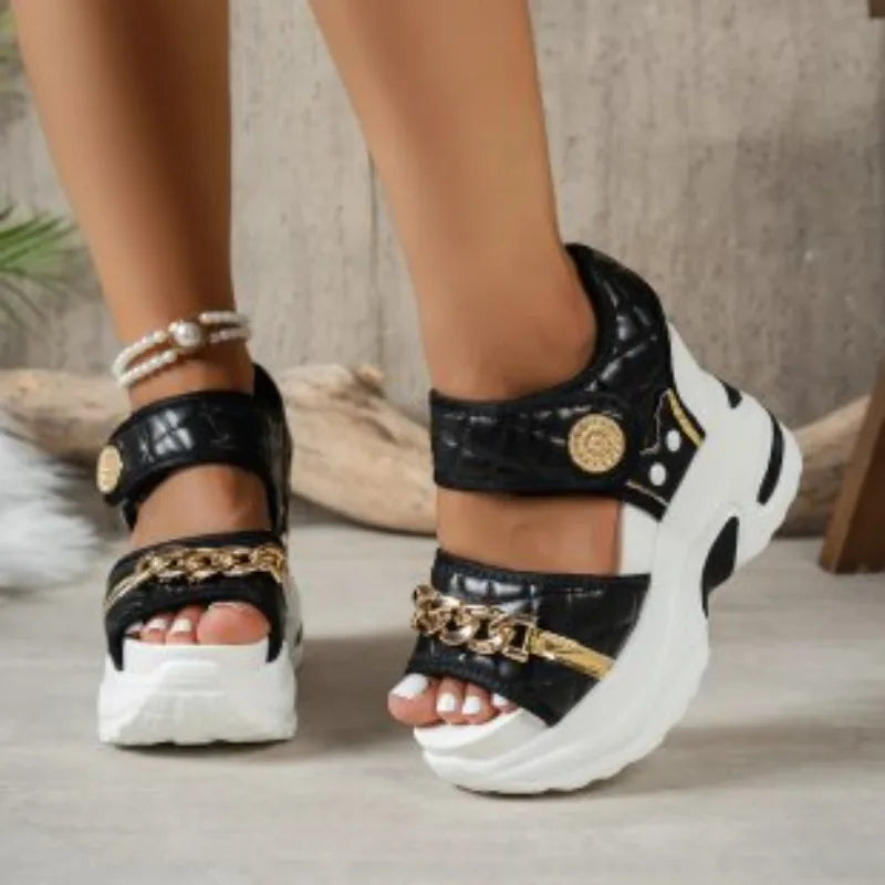 Women's Wedge Sandals – Metal Decor High Heel Summer Shoes Wedge Sandals Axl 42 black