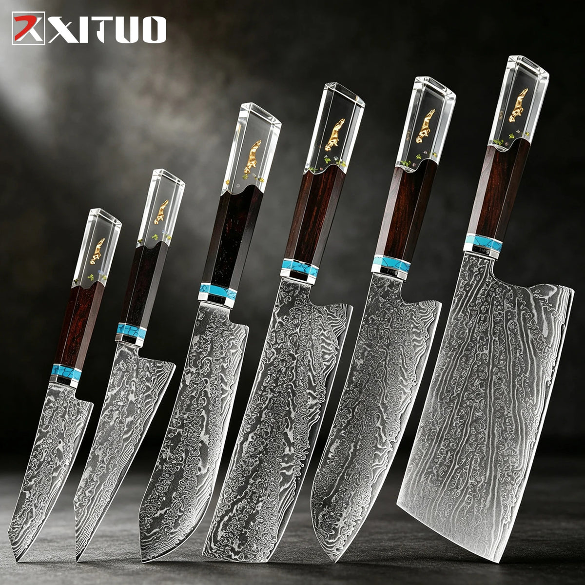 XITUO 8-Pc Damascus Steel Chef Knife Set | Resin Handle Chef Knife Set Axl 6PCS Knife