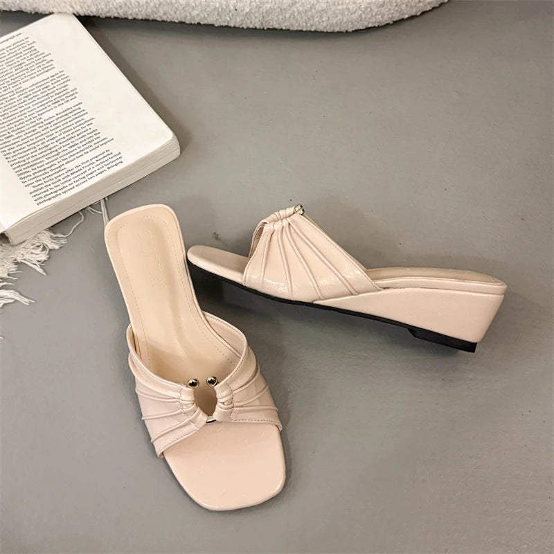 Women's Satin Wedge Slides – Open Toe Slip-On Platform Shoes Wedge Slide Sandals Axl Nude 37