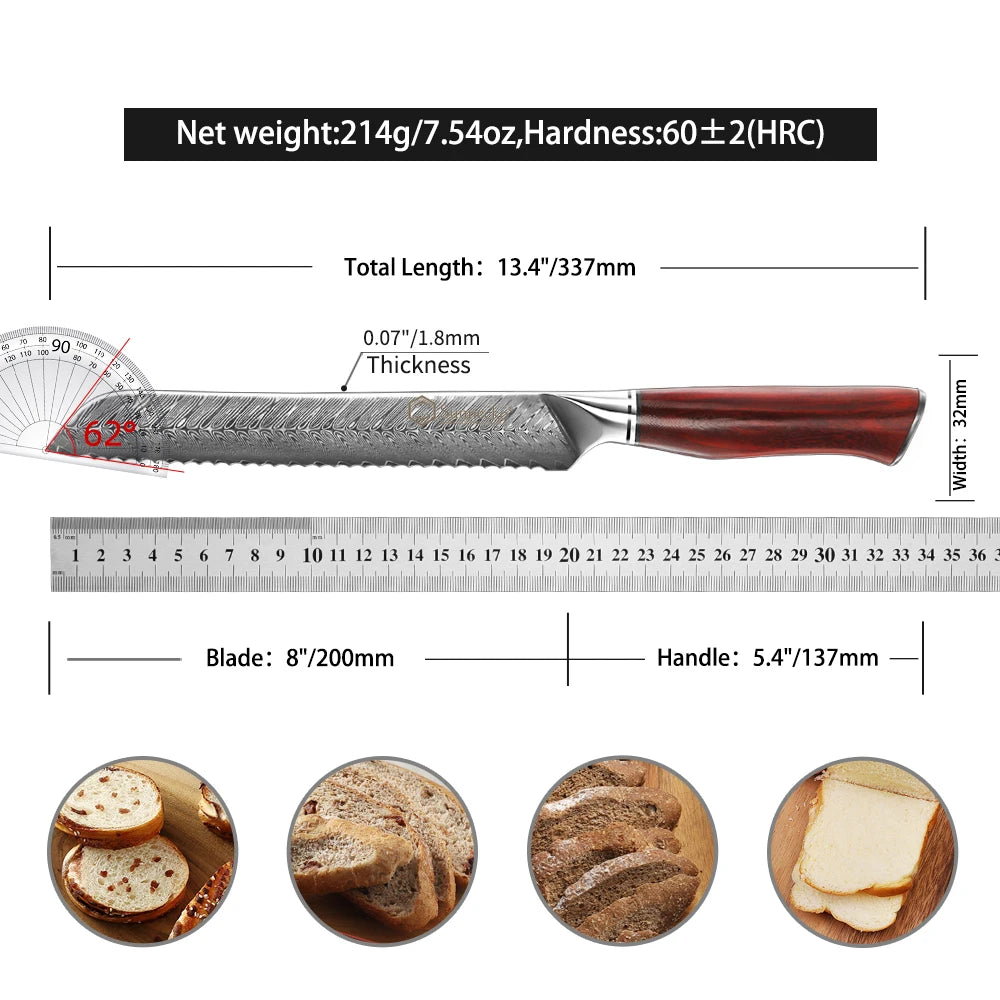 Sunnecko 8" Damascus Steel Serrated Bread Knife – VG10 Core Damascus Bread Knife Axl