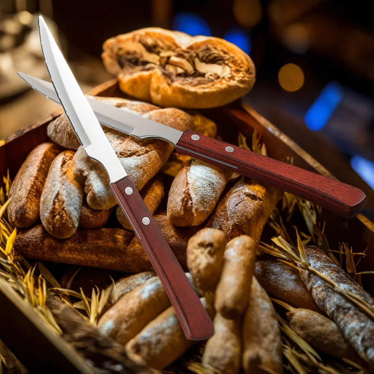 Serrated Steak Knife Set – Stainless Steel & Redwood Handle (1–12 Pc) Steak Knife Set Axl