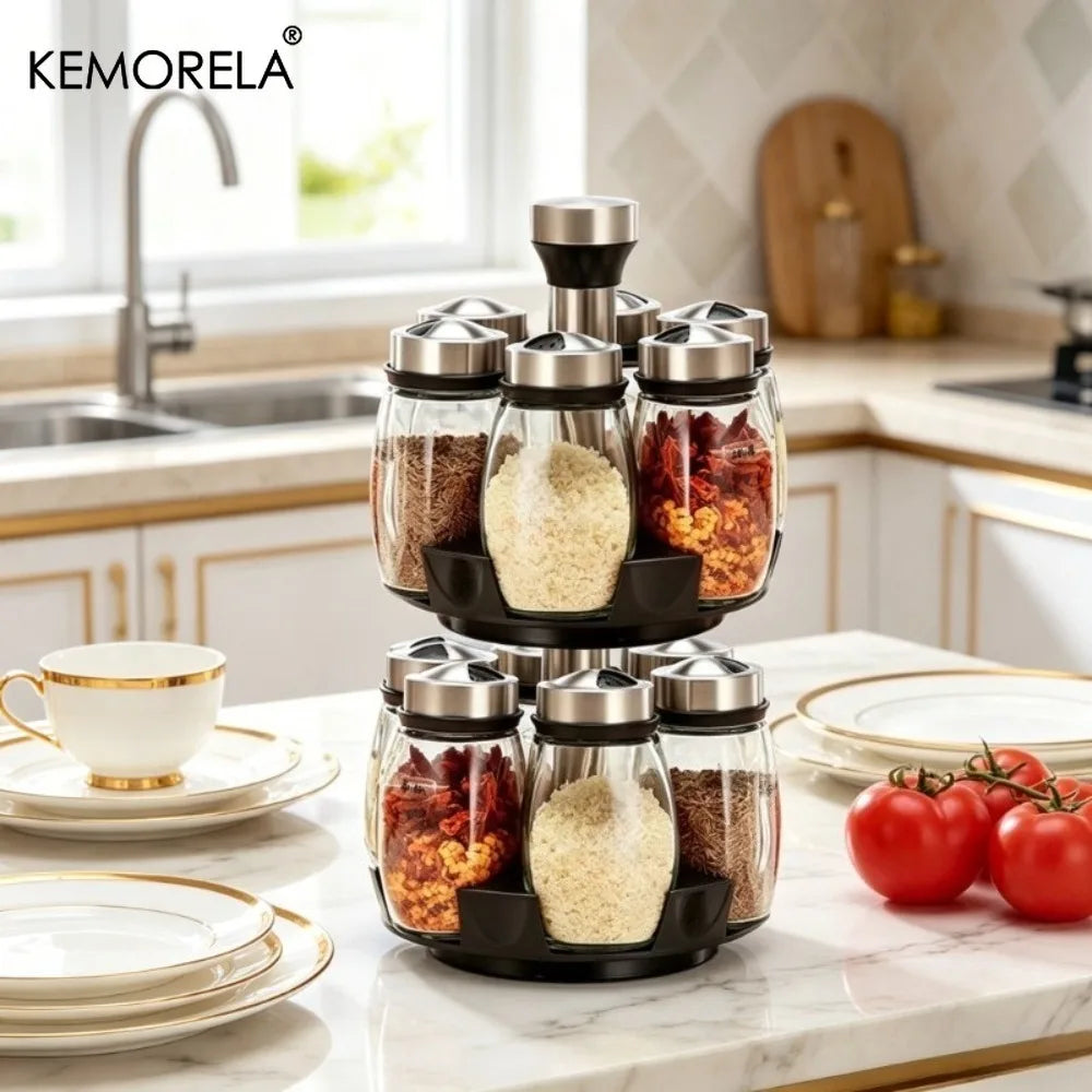 Rotating Glass Spice Jar Rack – KEMORELA Kitchen Organizer Rotating Spice Rack Axl
