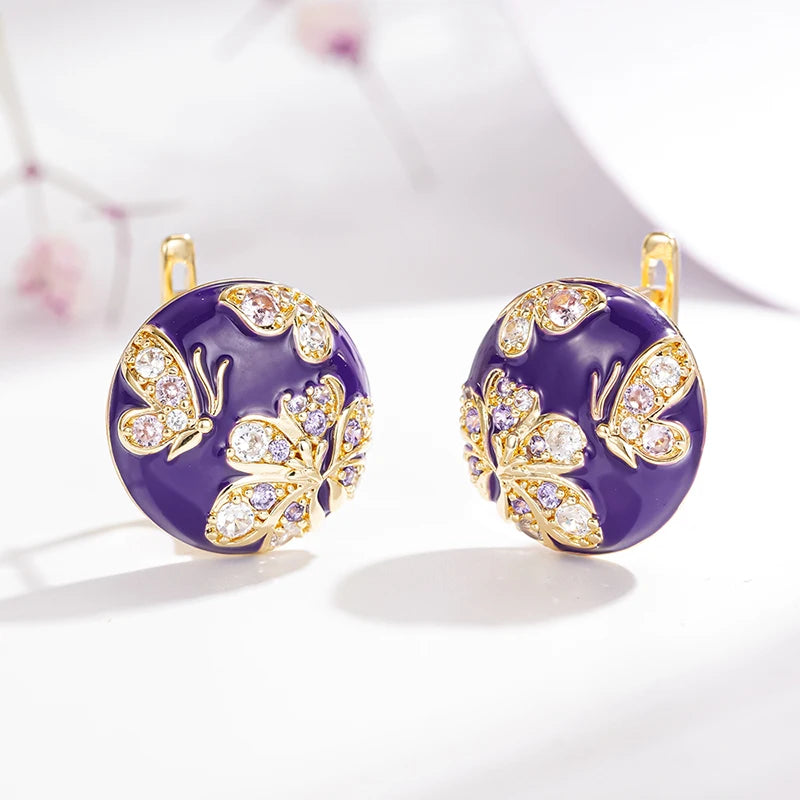 Huitan Purple Flower Enamel Gold Hoop Earrings for Women Hoop Earrings Axl