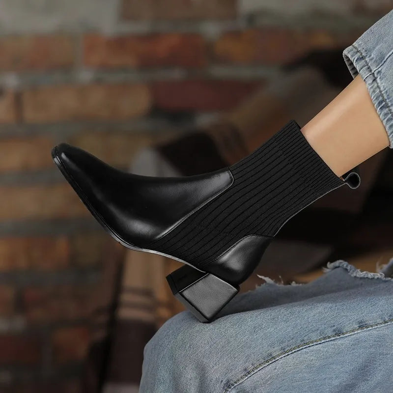 Women's Knitted Chelsea Ankle Boots – Slip-On Block Heel Chelsea Ankle Boots Axl