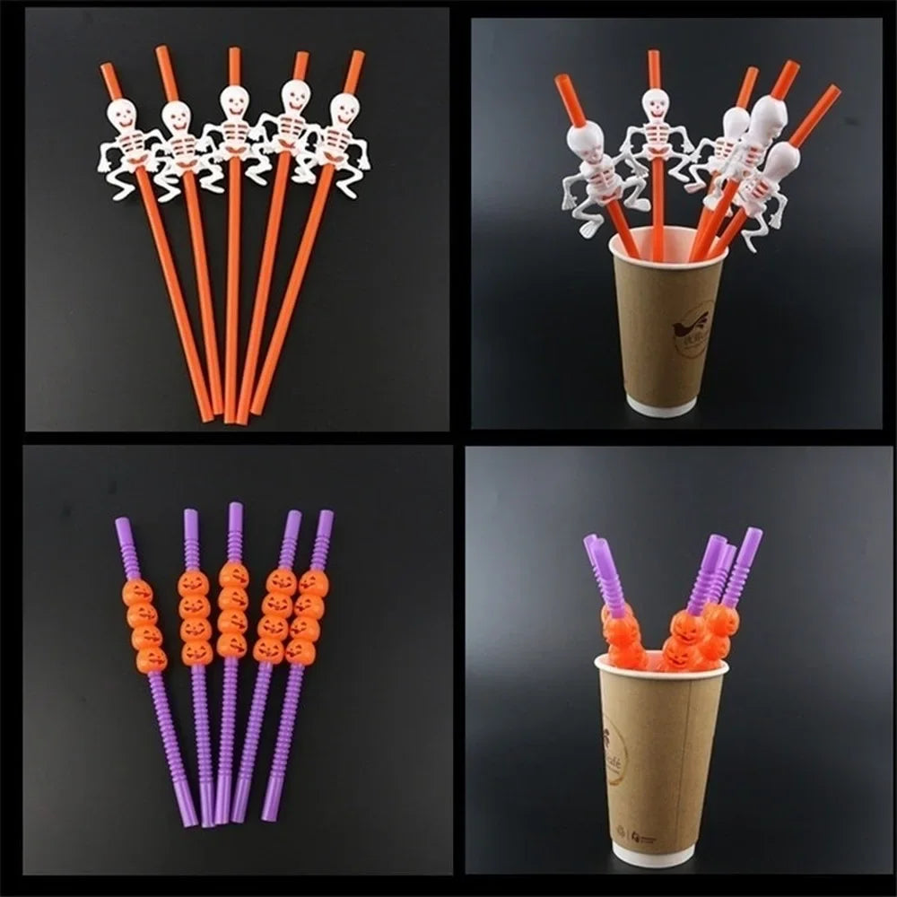 Halloween Skull & Pumpkin Drinking Straws – 5-Pack Party Decor Halloween Party Straws Axl