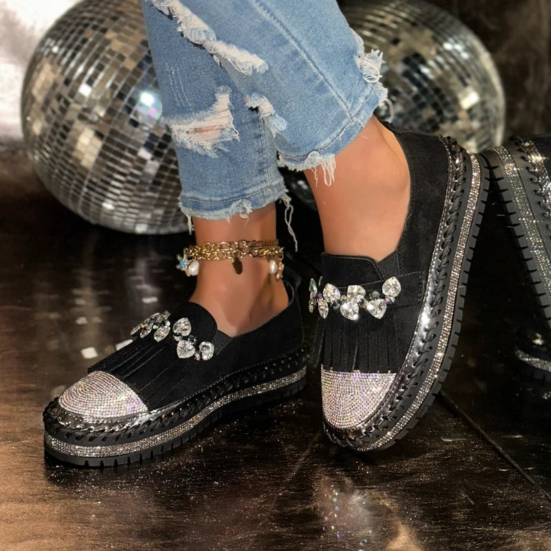 Women's Rhinestone Cow Suede Loafers – Flat Slip-On Shoes Suede Loafers Axl