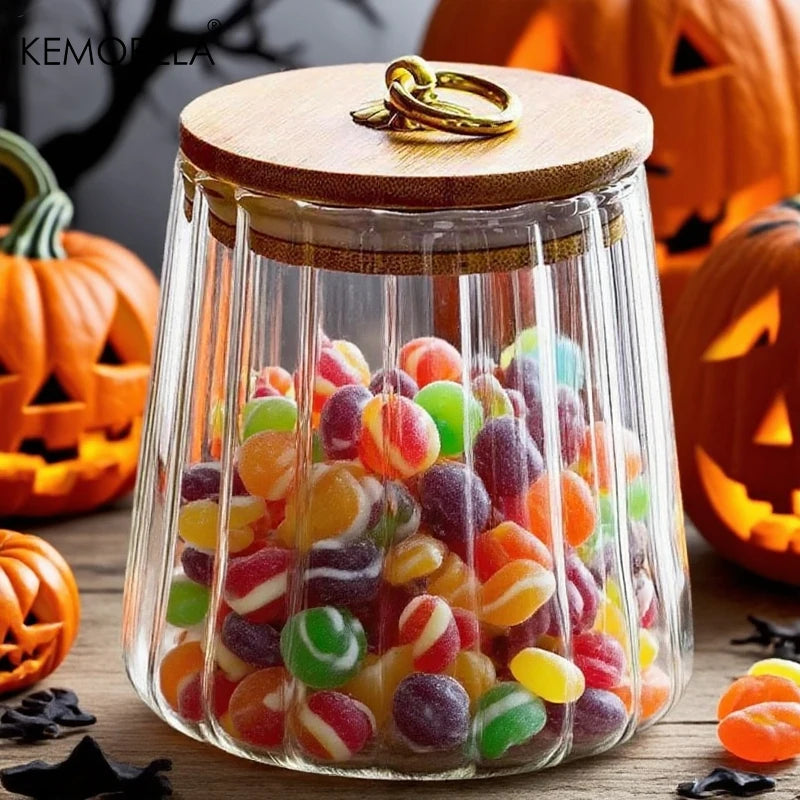 Halloween Glass Candy Jar with Airtight Wood Lid | Canister Glass Storage Jar Axl B