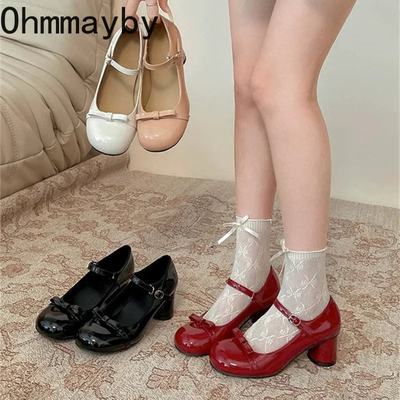 Butterfly-Knot Mary Jane Pumps | Women's Lolita Square Heels Mary Jane Pumps Axl