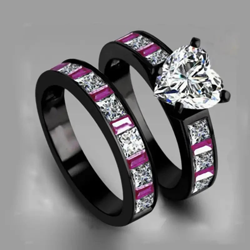 Huitan Punk 2-Piece CZ Ring Set – Y2K Black Stacking Rings CZ Stacking Ring Set Axl