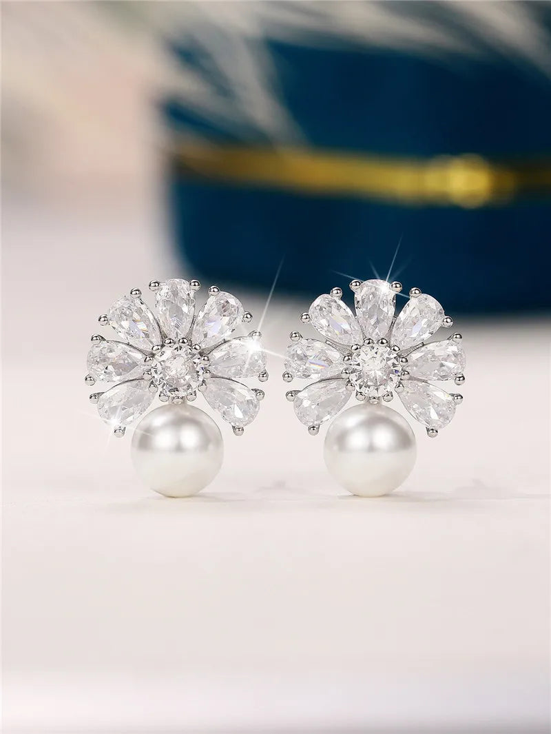 Huitan Pearl & CZ Stud Earrings – Elegant Women's Jewelry Pearl Stud Earrings Axl