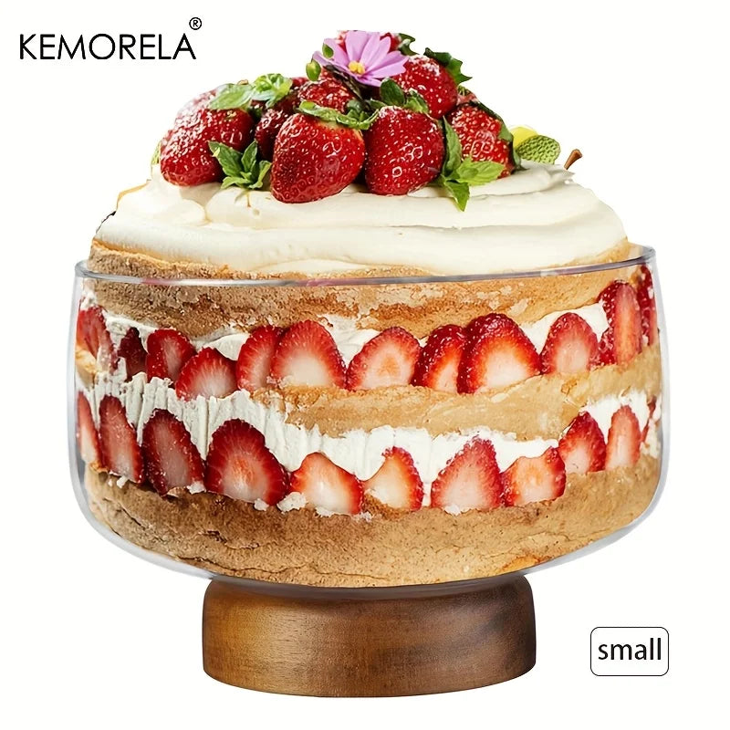 KEMORELA Large Glass Cake Bowl & Wooden Stand | Serving Tray Glass Cake Stand Axl Small
