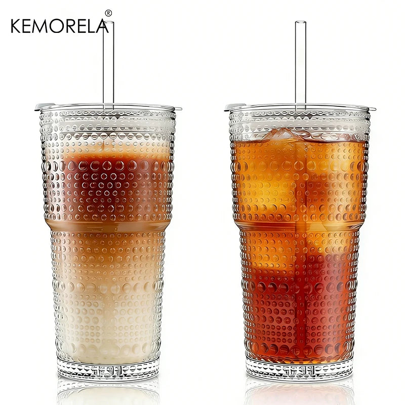 KEMORELA 600ml Hobnail Glass Tumbler with Lid & Straw Glass Tumbler Set Axl 2PCS 600ML