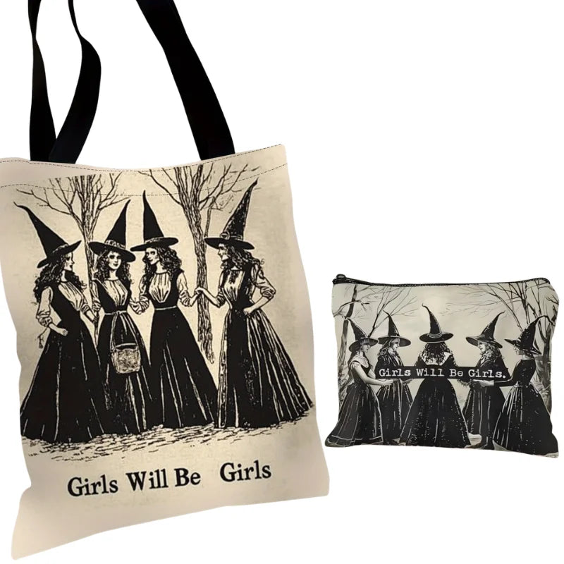 2-Pack Vintage Witch Canvas Tote Bags – Gothic Halloween Bag Canvas Tote Bag Axl MIXED-2PCS