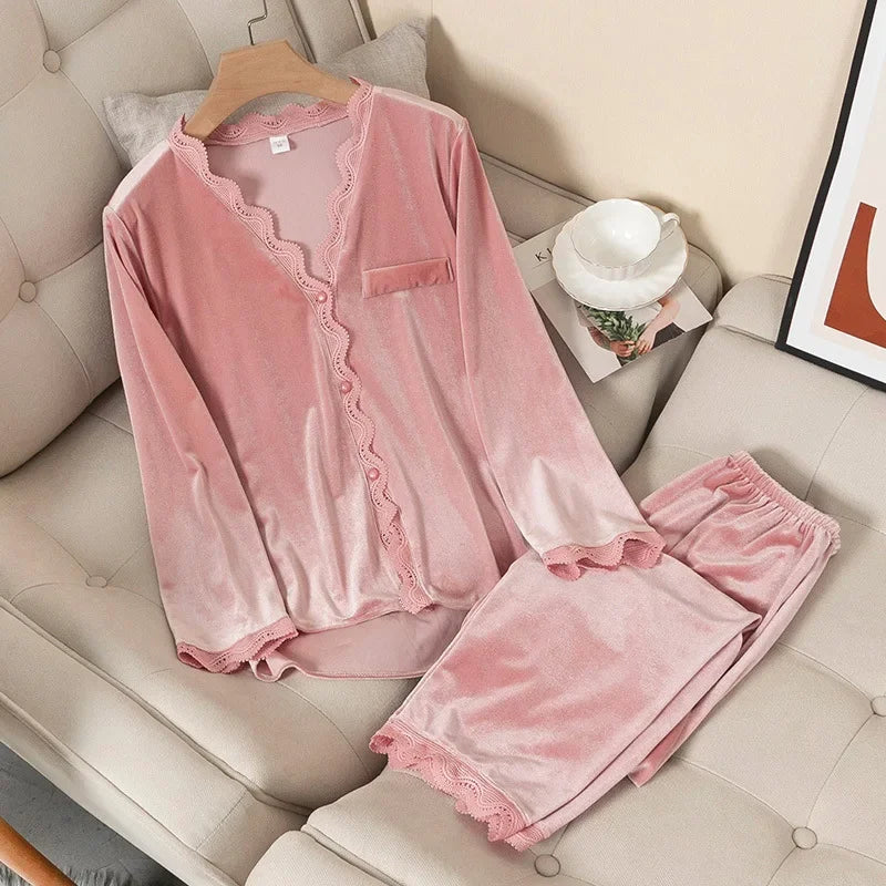 Women's Velvet Pajama Set – Long Sleeve Lace Trim Sleepwear Velvet Pajama Set Axl pink-1 L