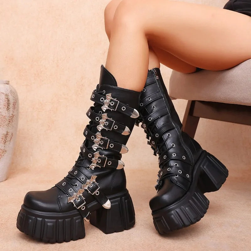 Women's Gothic Punk Mid-Calf Platform Boots | Square Heel Gothic Platform Boots Axl