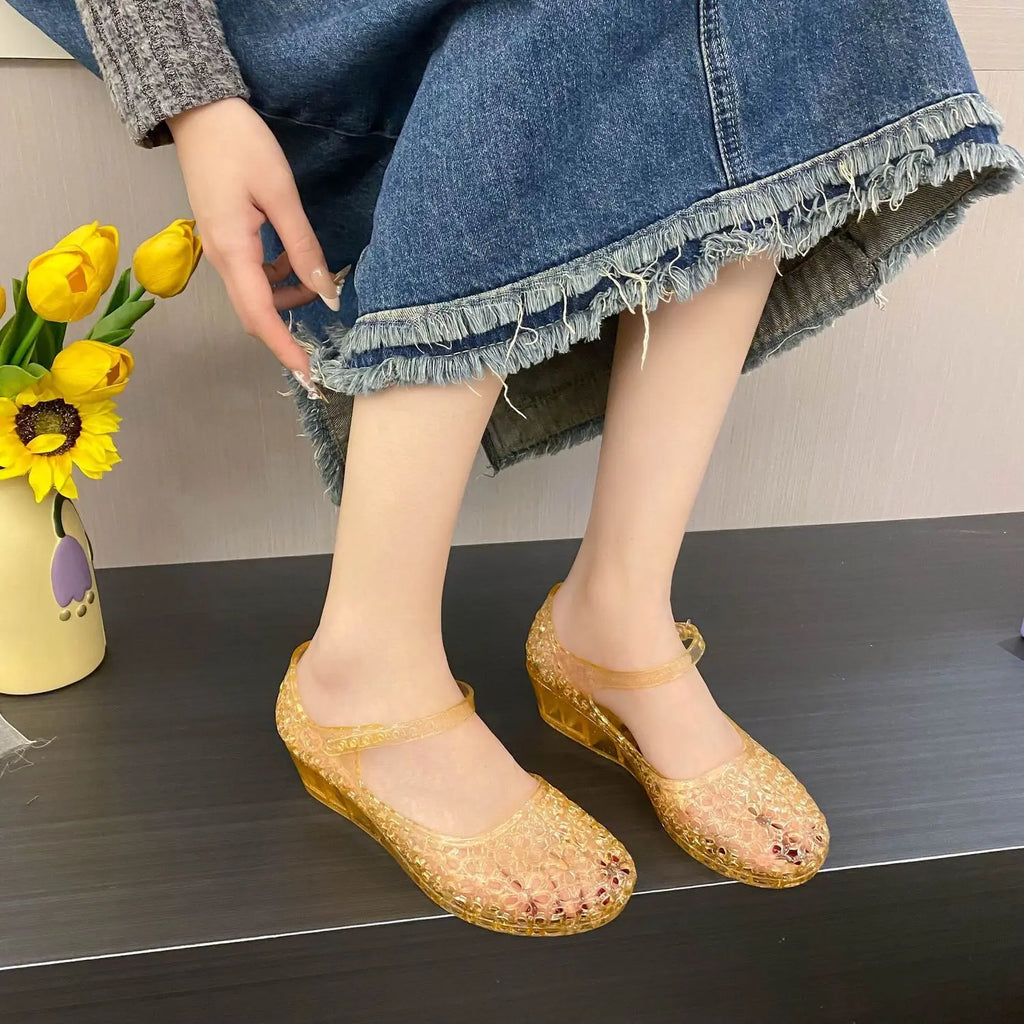 Glitter Jelly Mary Jane Wedge Sandals – Sparkly Ankle Strap Wedge Sandals Axl