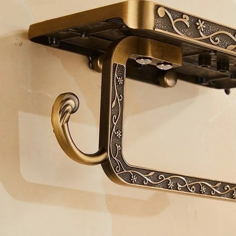 Wall-Mounted Toilet Paper Holder with Phone Shelf | Retro Brass Toilet Paper Holder Axl