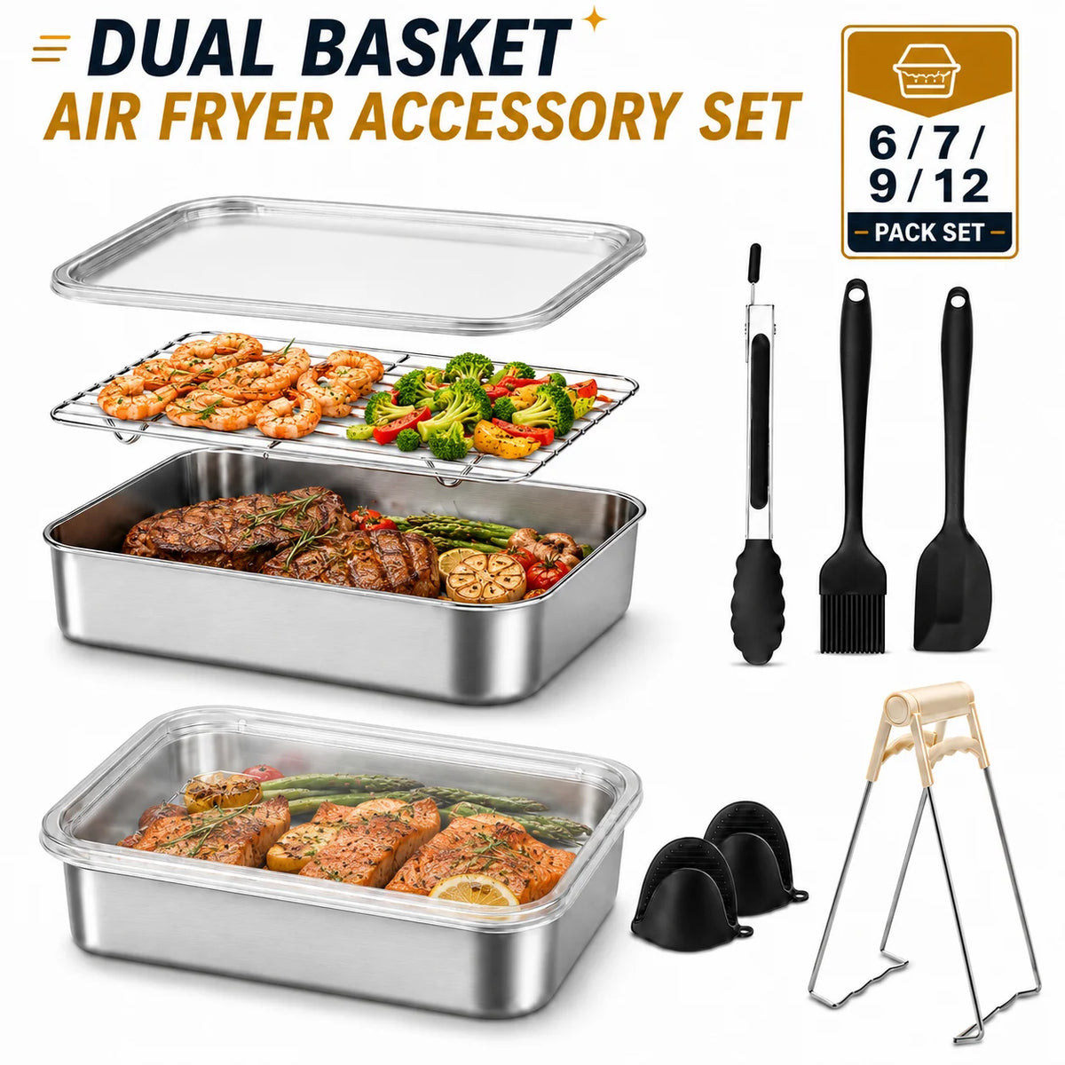 Dual Zone Air Fryer Stainless Steel Baking Pan & Rack Set Air Fryer Accessory Set Axl