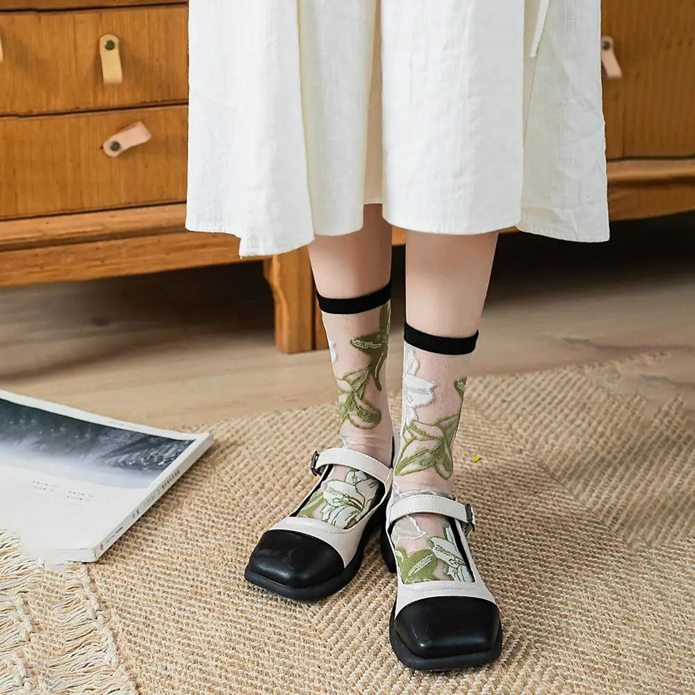Korean Floral Mesh Tube Socks – Sheer Embroidery Women's Socks Floral Mesh Socks Axl