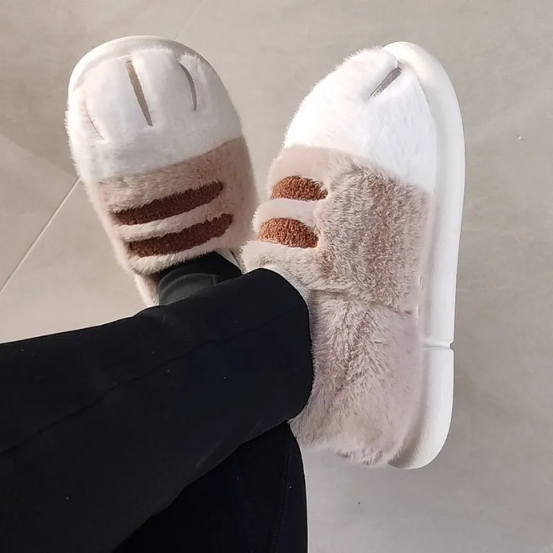 Lorilury Cat Paw Slippers – Fluffy Faux Fur Women's Slides Faux Fur Slippers Axl
