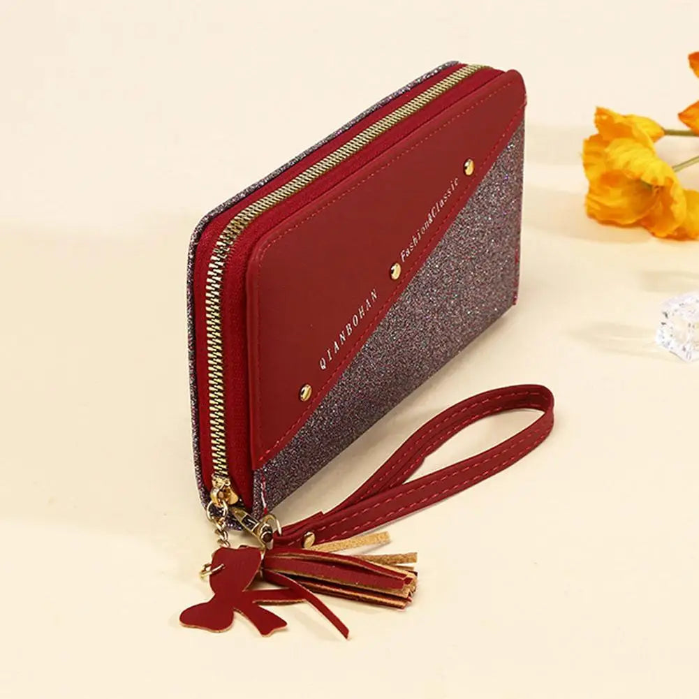 Women's Glitter PU Leather Wallet – Tassel Zipper Clutch Purse Women's Clutch Wallet Axl