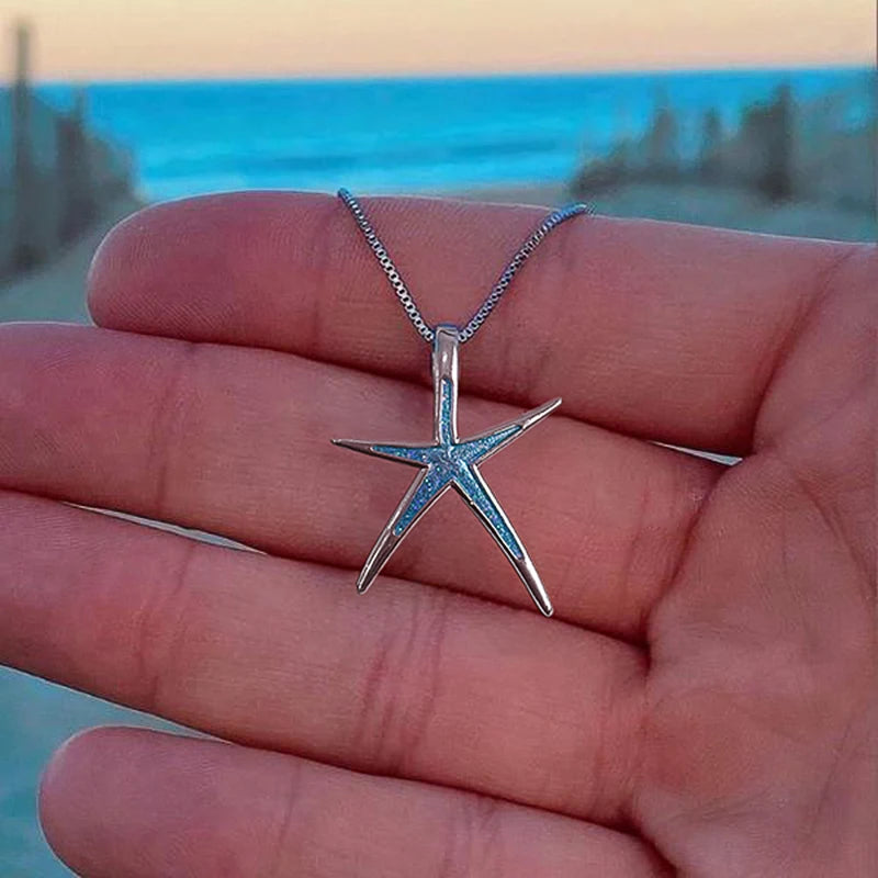 Huitan Blue Starfish Pendant Necklace – Boho Beach Jewelry Pendant Necklace Axl