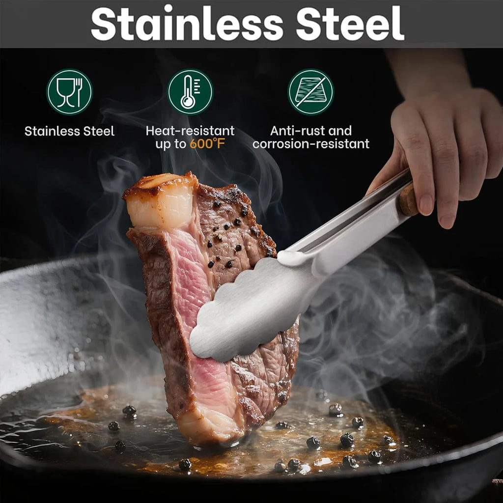 Leeseph Stainless Steel Food Tongs with Wooden Handle 7-16" Kitchen Tongs Axl