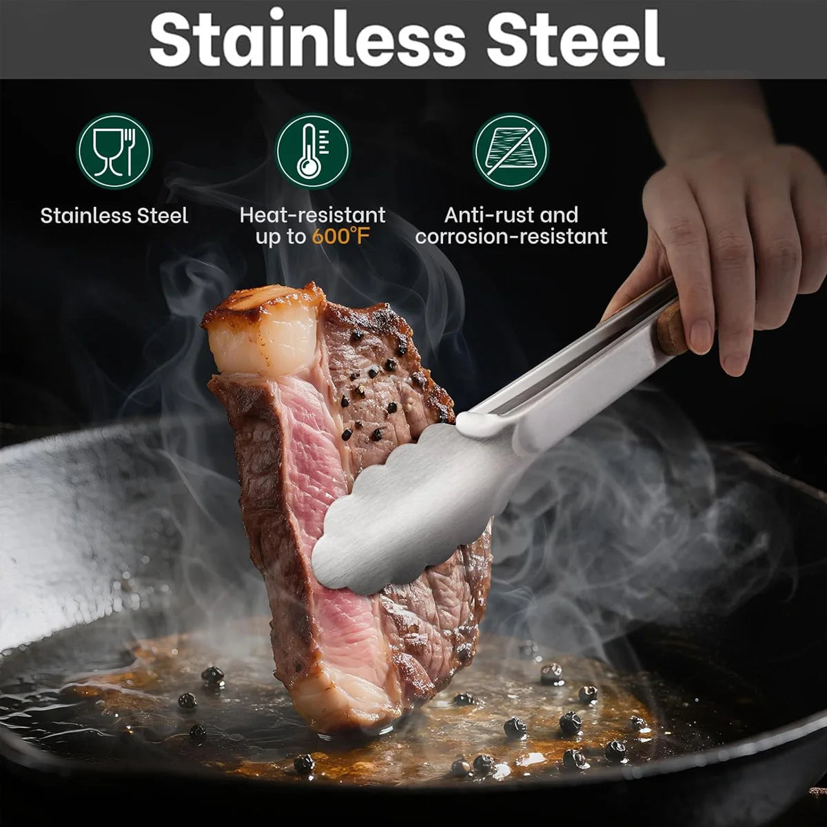 Leeseph Stainless Steel Food Tongs with Wooden Handle 7-16" Kitchen Tongs Axl