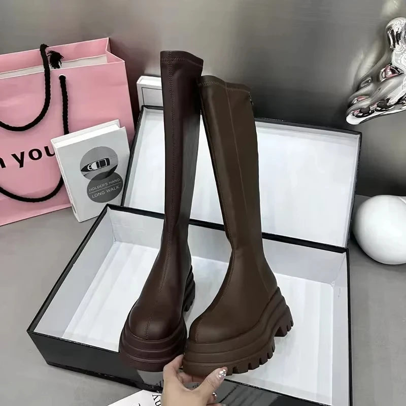 Women's Winter Knee-High Platform Boots – Back Zip Plush Lined Knee-High Platform Boots Axl 38 Brown
