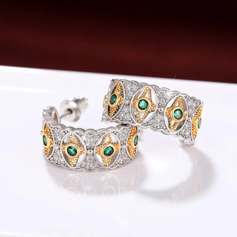 Huitan Two-Tone Hoop Earrings – Green & White Cubic Zirconia Hoop Earrings Axl
