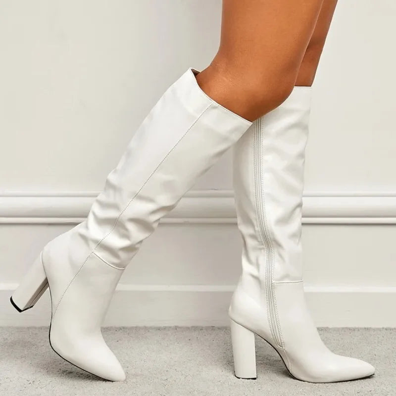 Women's Knee-High Boots | Chunky Heel Pointed Toe Zipper Booties Knee-High Boots Axl