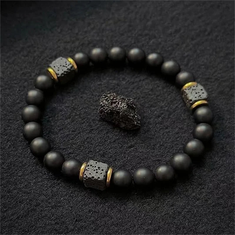 Men's 8mm Black Onyx & Lava Stone Beaded Bracelet Elastic Beaded Stone Bracelet Axl