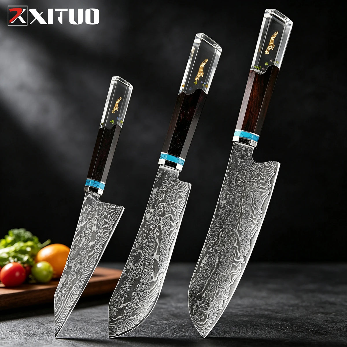XITUO 8-Pc Damascus Steel Chef Knife Set | Resin Handle Chef Knife Set Axl 3PCS Knife C 1