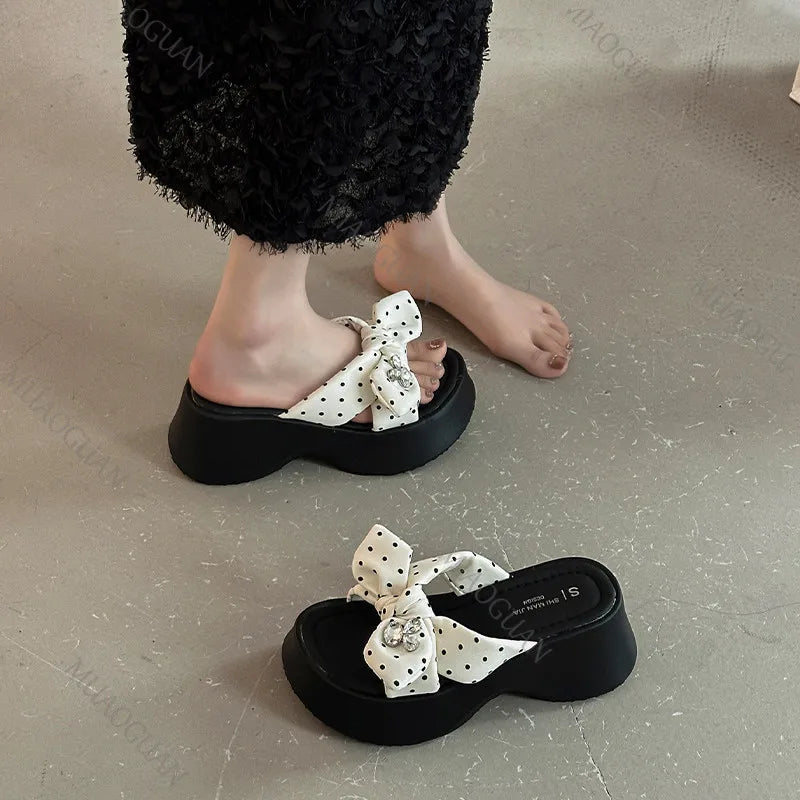 Women's 7CM Wedge Platform Slippers – Rhinestone Bow Sandals Wedge Platform Slippers Axl