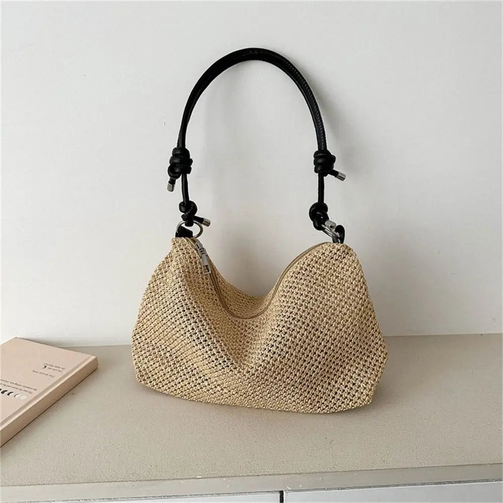 Women's Handmade Woven Straw Tote Bag – Rattan Beach Shoulder Bag Woven Tote Bag Axl black