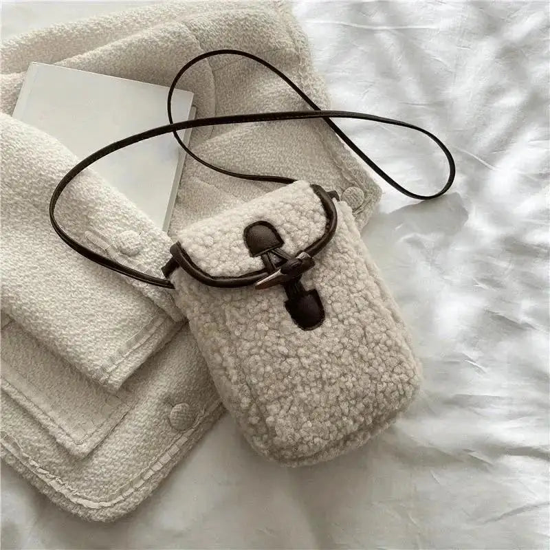 Women's Plush Crossbody Bag – Fuzzy Small Square Shoulder Bag Crossbody Shoulder Bag Axl Beige