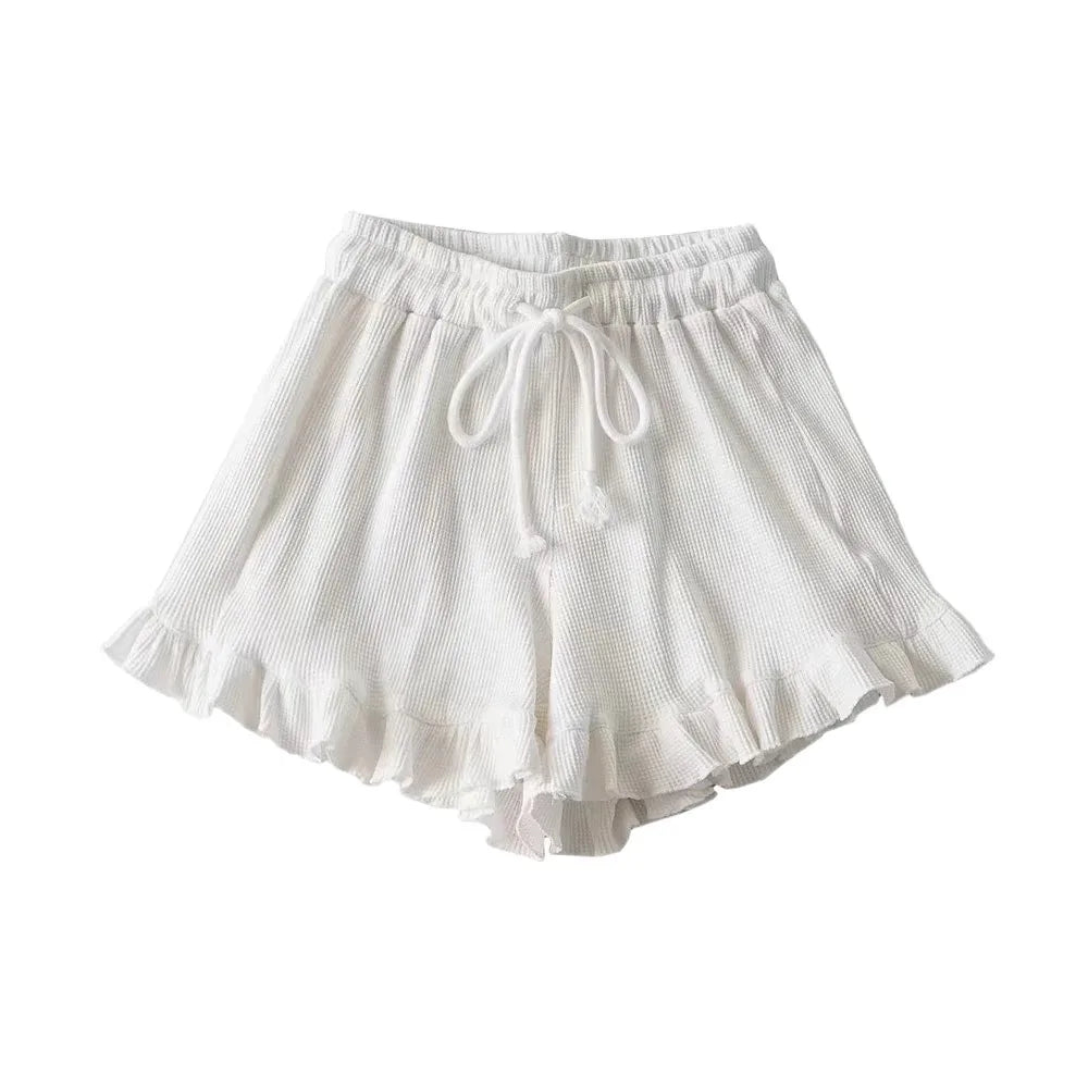Women's High Waist Ruffle Drawstring Wide Leg Shorts Women's Casual Shorts Axl White-L