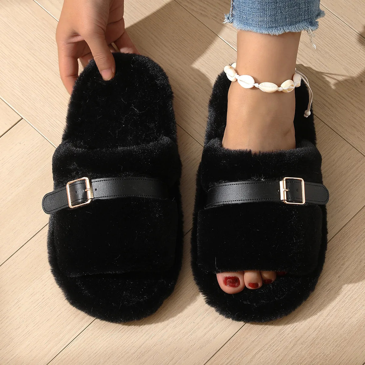 Women's Fluffy Wool Slippers – Warm Indoor Winter House Shoes Women's Slippers Axl Black 42-43