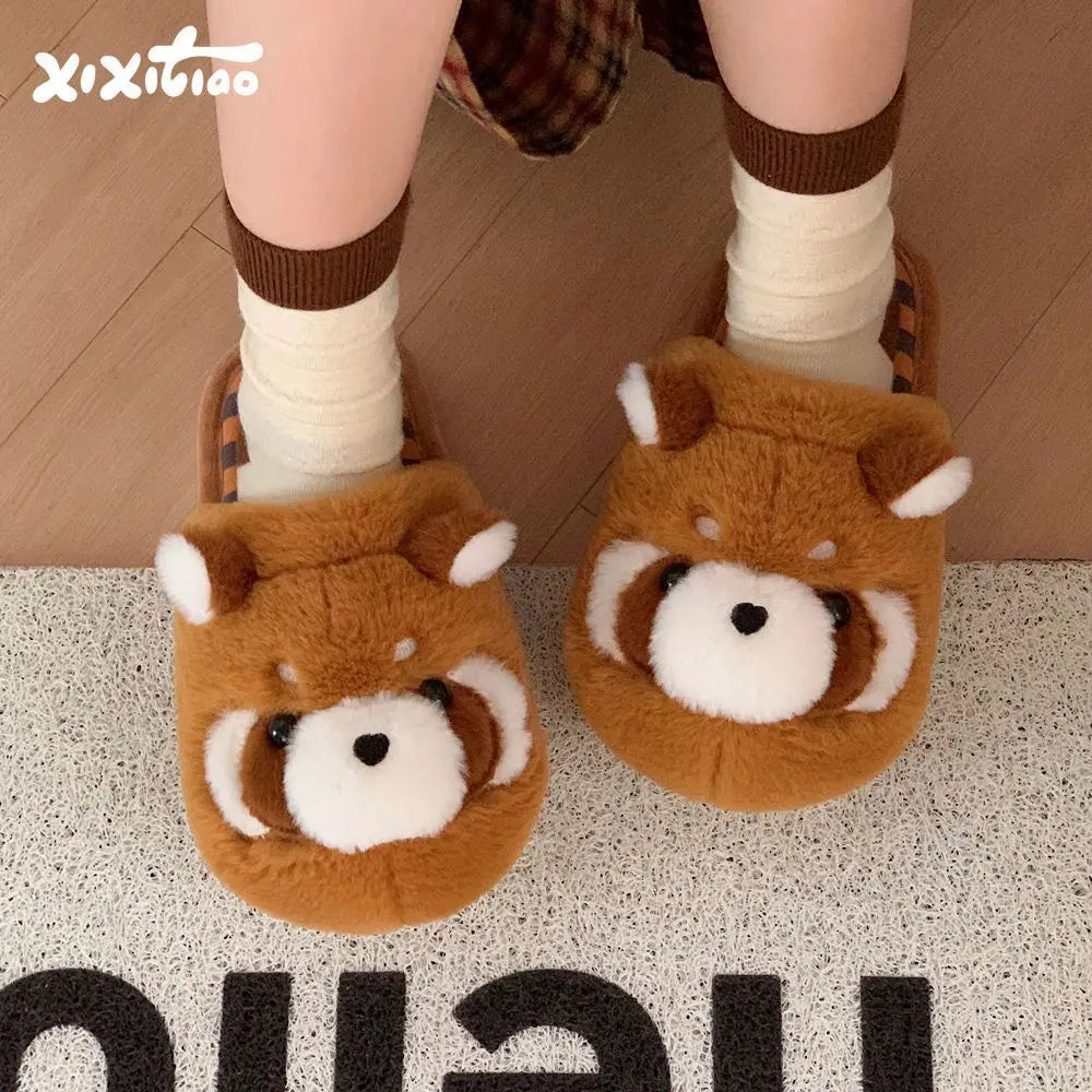 Women's Raccoon Plush Slippers – Cozy Indoor Fur Slides Plush Indoor Slippers Axl