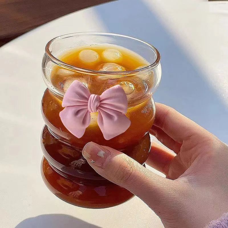 Cute Pink Bow Glass Cup – Borosilicate Striped Drinkware Glass Drinkware Cup Axl
