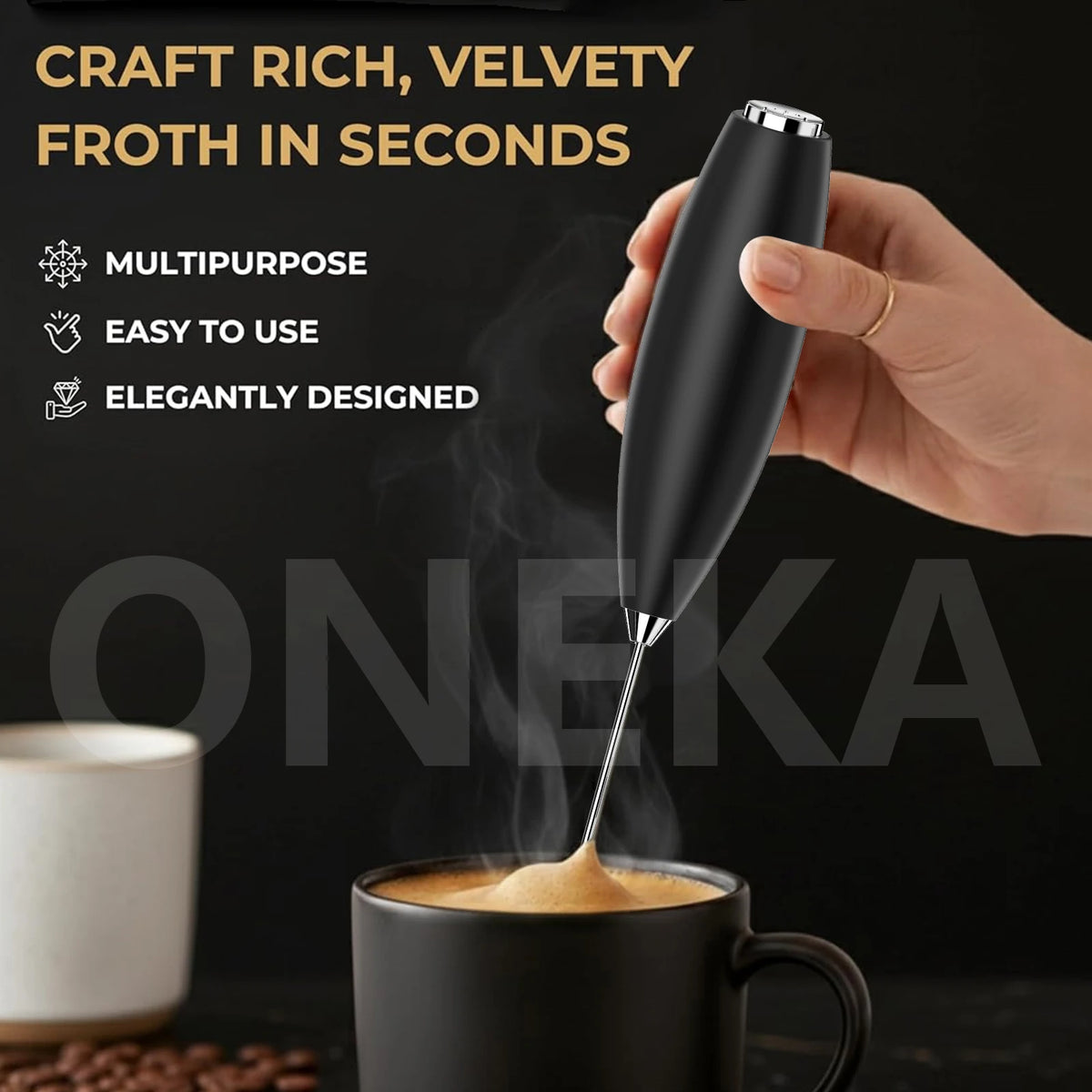 ONEKA Handheld Milk Frother Wand with Stand | Battery Powered Milk Frother Wand Axl