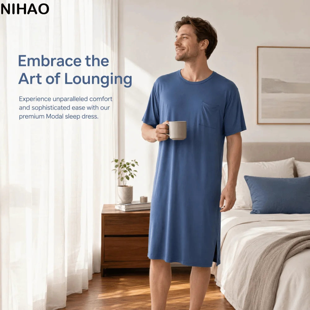 Men's Knee-Length Sleeping Dress – Soft Modal Pajama Robe Men's Sleepwear Robe Axl