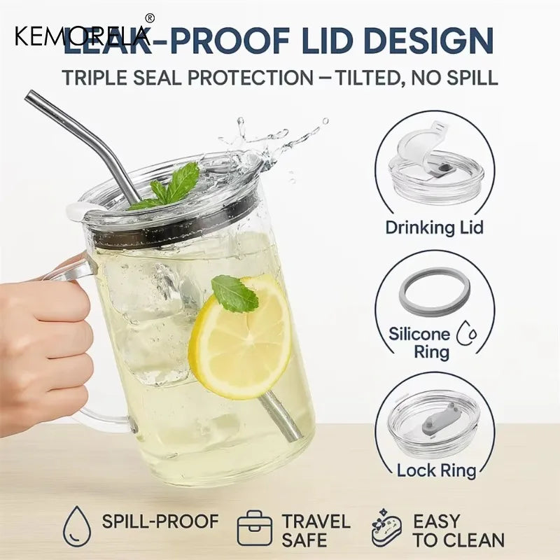 KEMORELA 1000ml Glass Tumbler with Lid & Straw | 1-2 Pack Glass Tumbler Axl
