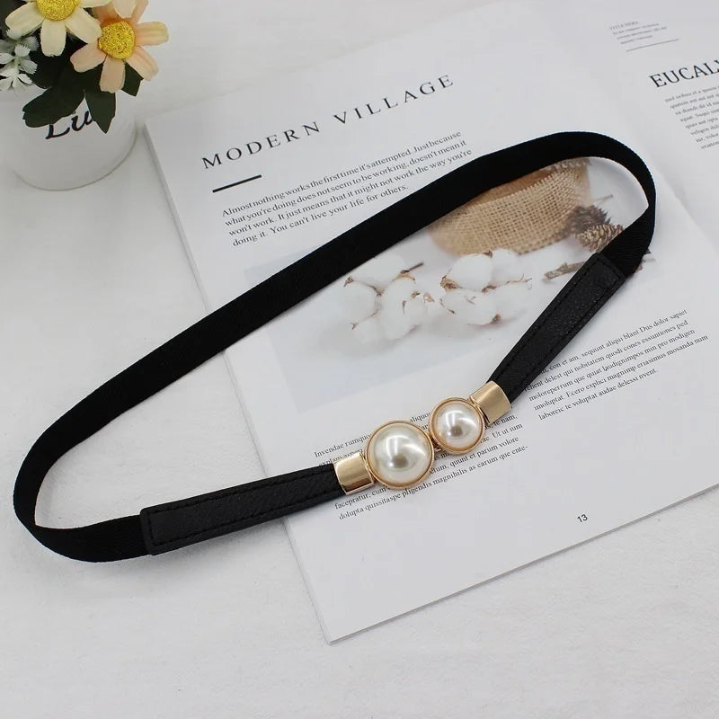 Pearl Buckle Elastic Waist Belt – PU Leather Women's Thin Belt Women's Waist Belt Axl