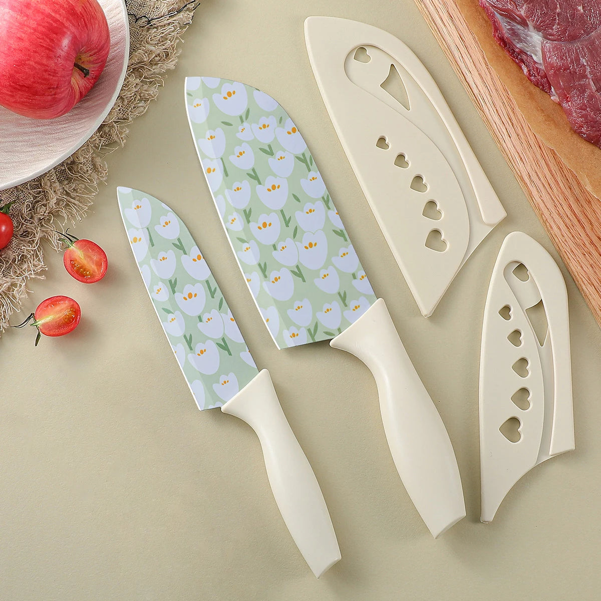 SHENJIU Tulip Print Stainless Steel Kitchen Knife Set – 2 Pc Kitchen Knife Set Axl