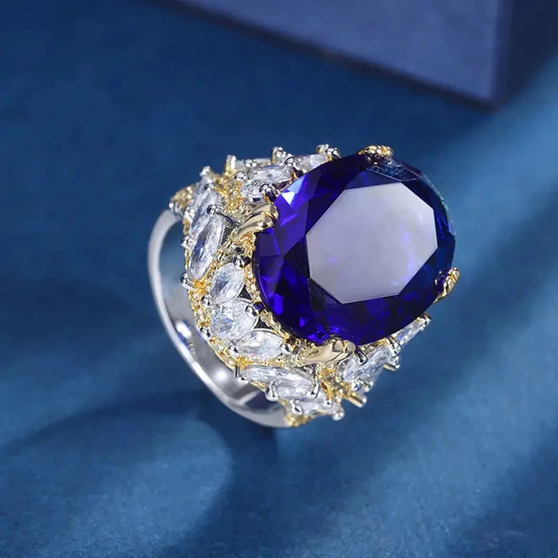 Huitan Oval Blue CZ Two-Tone Women's Wedding Band Ring CZ Wedding Ring Axl