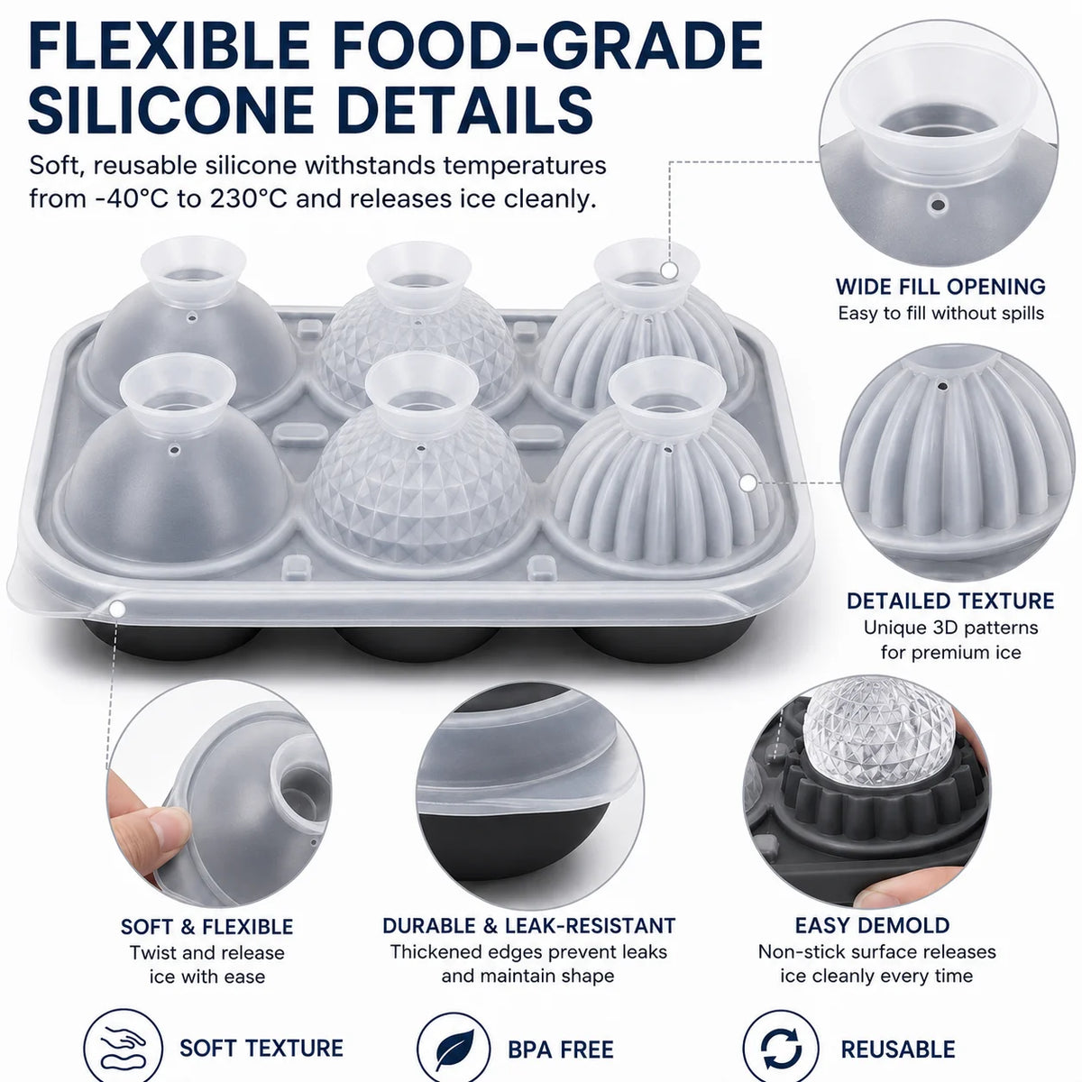 Large Whiskey Ice Ball Mold – 6 Cavity Sphere & Diamond Silicone Silicone Ice Ball Mold Axl