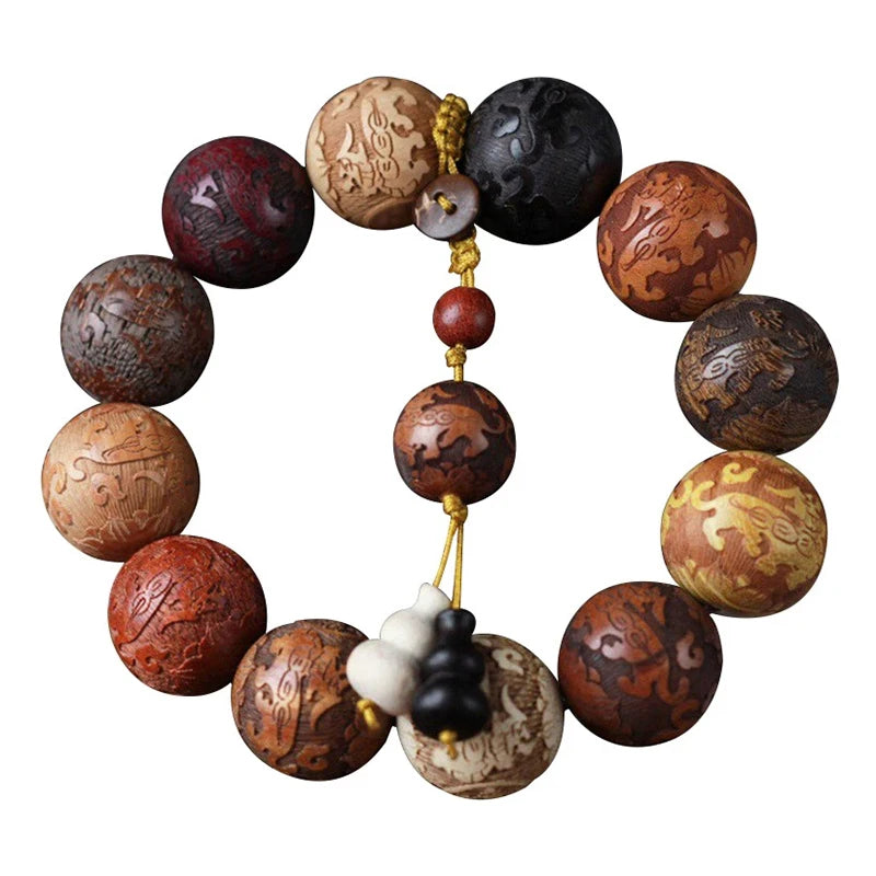 20mm Handmade Wood Carved Beaded Bracelet with Pendant | Unisex Beaded Wood Bracelet Axl