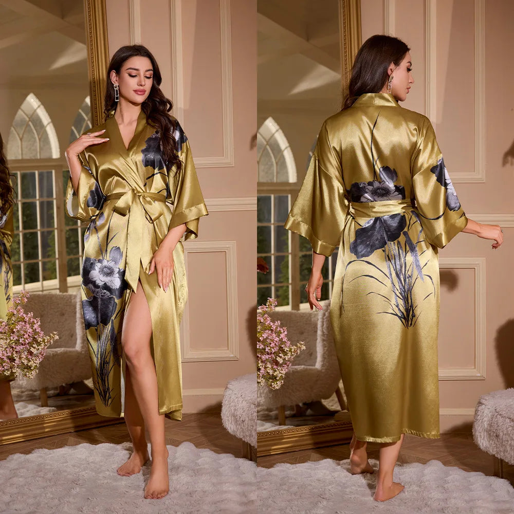 Women's Printed Kimono Robe – Long Loose Loungewear Nightgown Kimono Loungewear Robe Axl 05 One Size