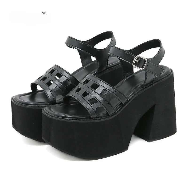 Women's Goth Platform Sandals Chunky Heel Ankle Strap Open Toe Platform Heeled Sandals Axl